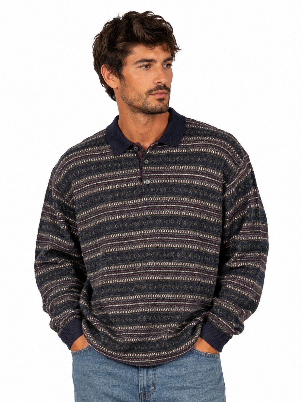 Vintage Club Room Cotton Fair Isle Men's Collar Henley Polo Sweater Men's XXL